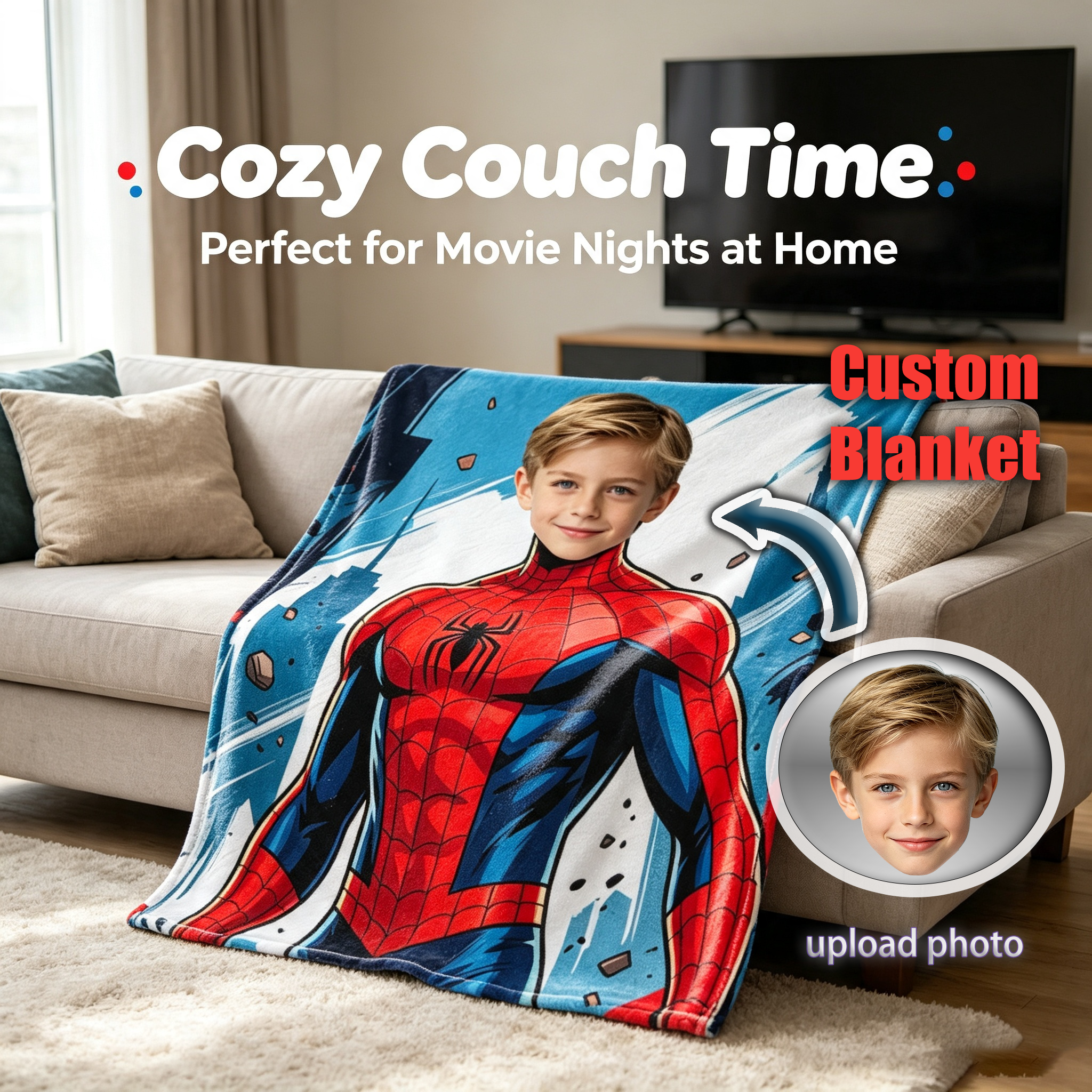 DIY Custom Photo Spider-Man Flannel Blanket – Personalized Hero-Themed Throw for Kids (Sofa Blanket Gift)