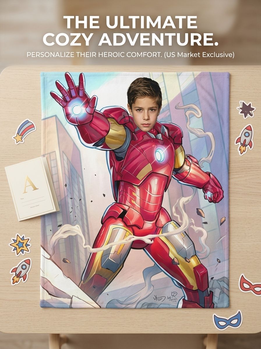 Personalized Superhero Photo Blanket Custom Face Flannel Fleece Throw Soft Skin-Friendly Bedding Gift for Kids