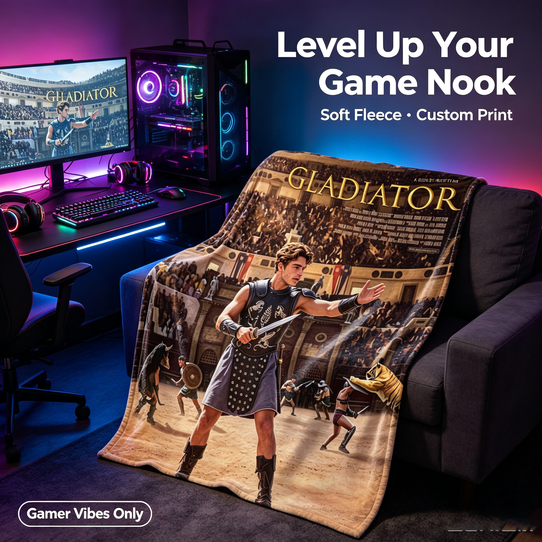 Custom Face Blanket Gladiator Movie Inspired Flannel Blanket for Couch, Bed, or Travel – Perfect Gift for Movie Fans and Roman History Enthusiasts