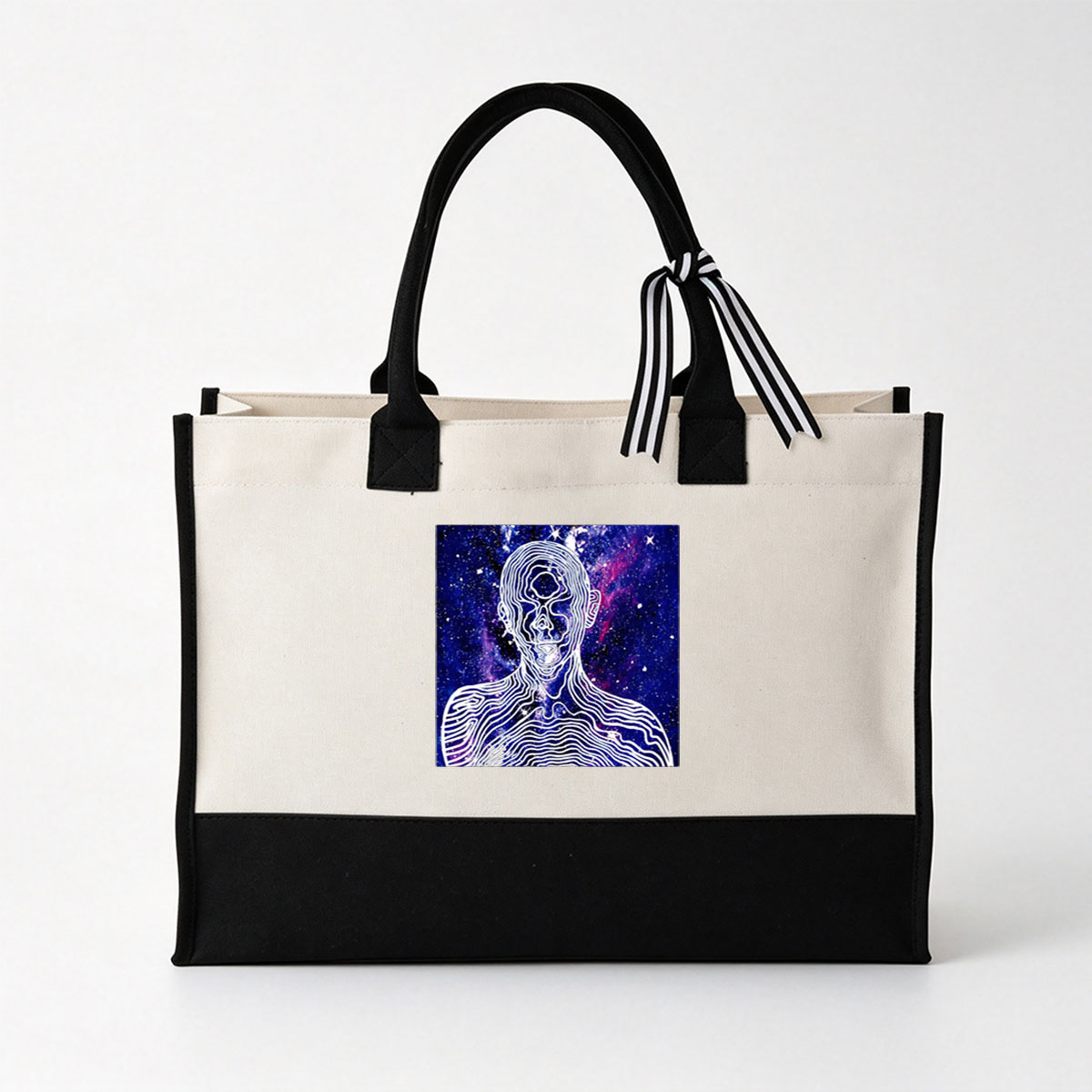 Abstract Line Art of a Human Figure Against a Cosmic Background - Canvas patchwork gift tote bag