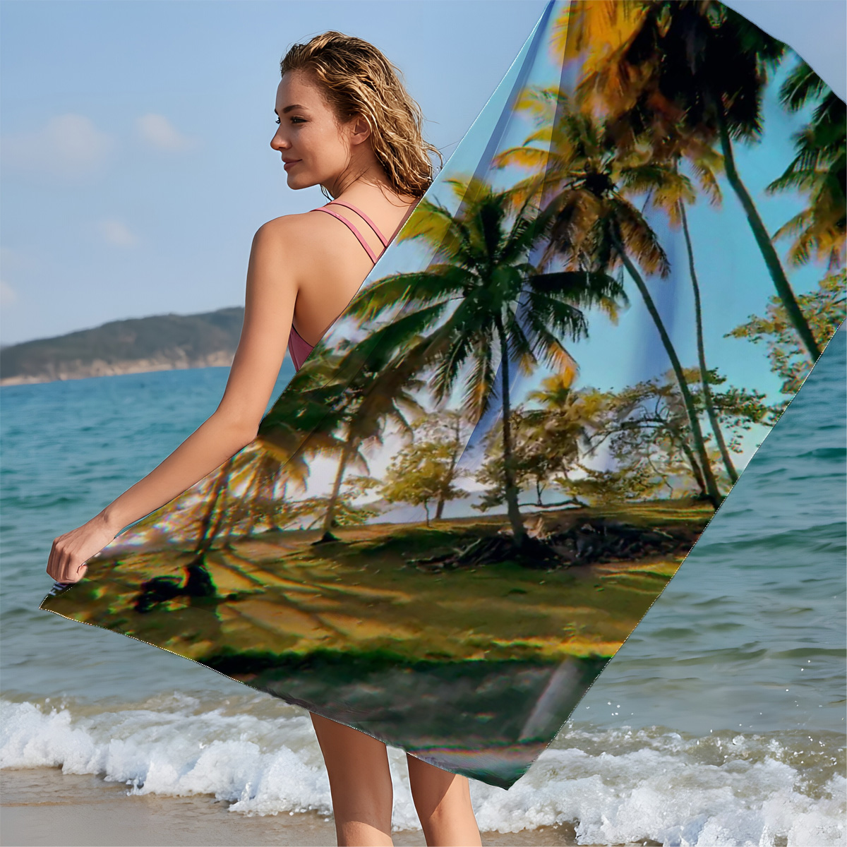 Tropical palm trees sway under a clear blue sky, casting golden shadows on the ground. - Beach towels