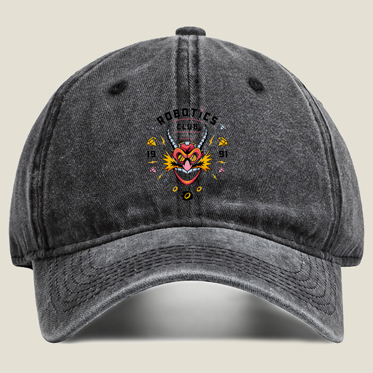 Robotics Club - Devil Robot Character Design - Washed Denim - Baseball Cap