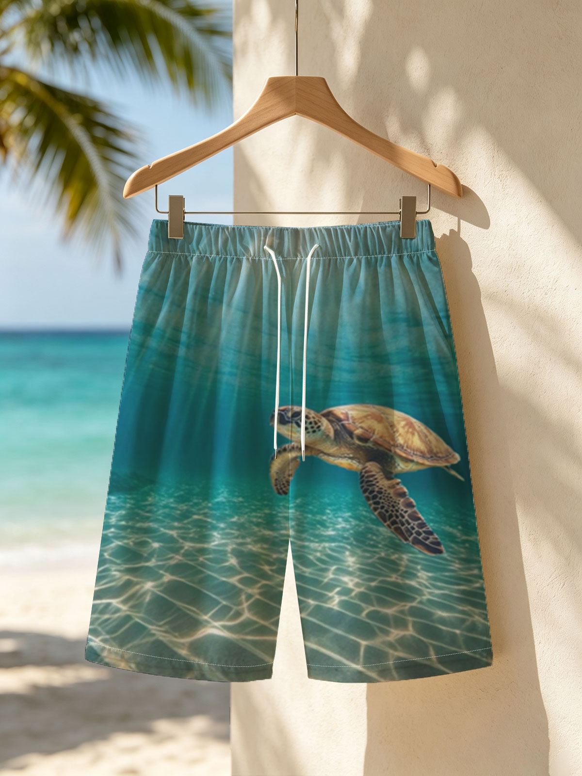 Sea turtle glides through sunlit waters, rays shimmering above. -  Beach shorts