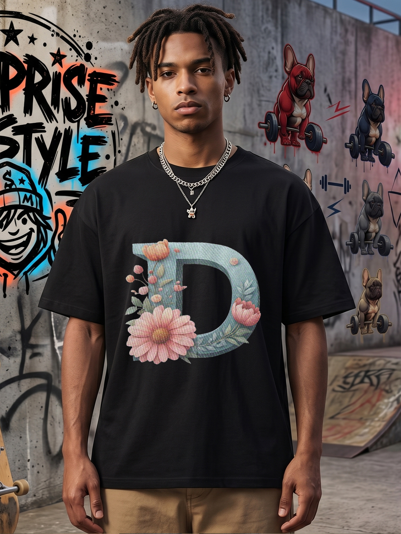 Men's Printed T-Shirt with Floral Letter D Design Casual Round Neck Summer Lightweight Breathable Short Sleeve T-Shirt for Outdoor Activities and Daily Wear Adults