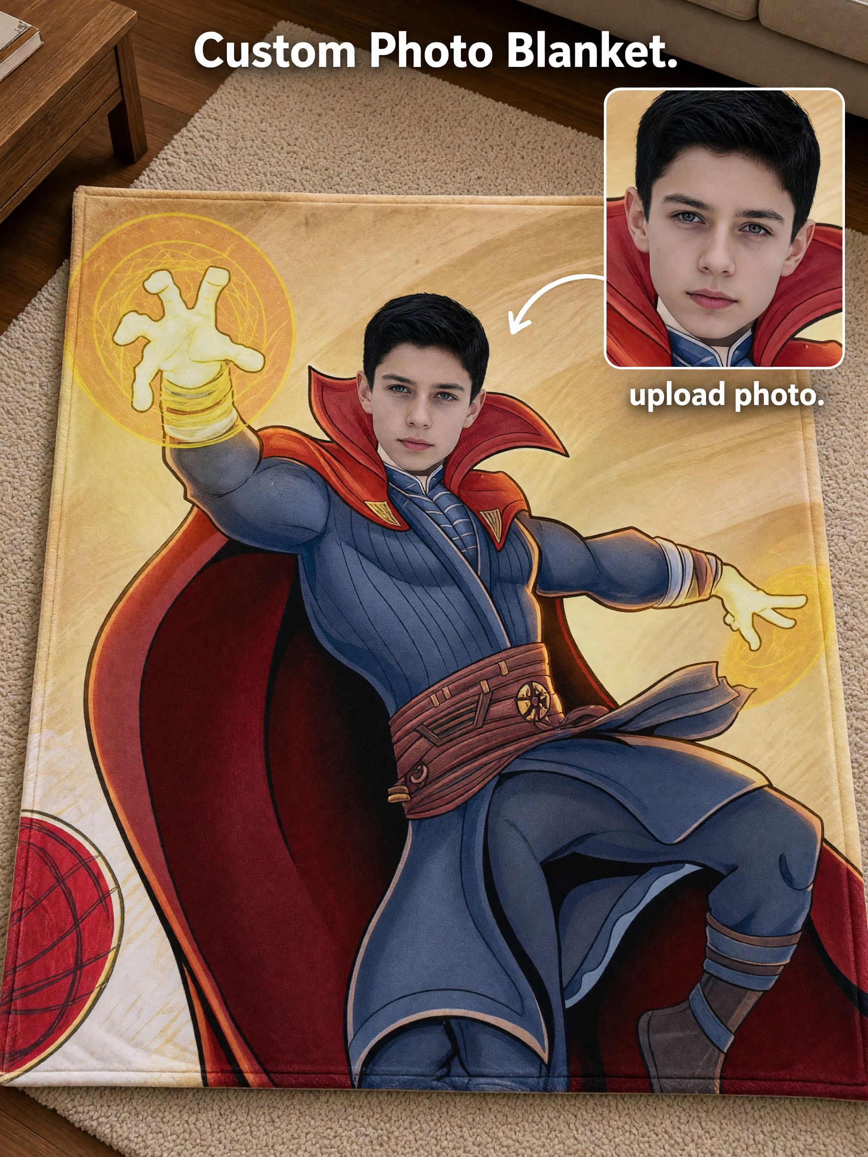 Custom Face Blanket Personalized Superhero Sorcerer Flannel Throw Ultra-Soft Anti-Pilling Cozy Gift for Kids and Adults