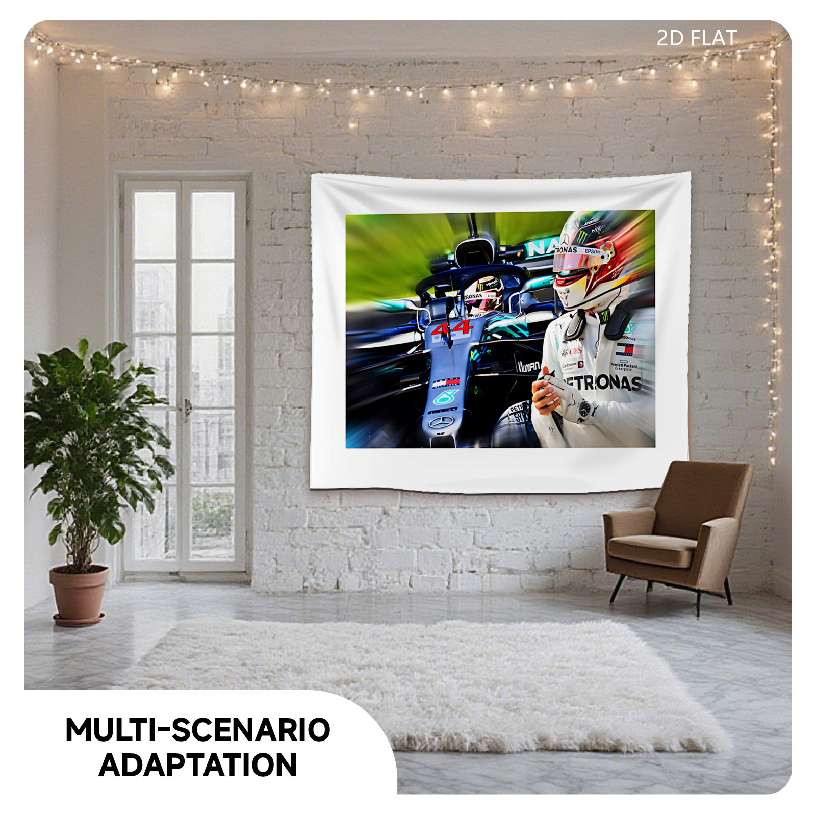 Lewis Hamilton in Mercedes F1 Car, Number 44, Petronas Sponsorship, Racing Helmet and Suit - Tapestry