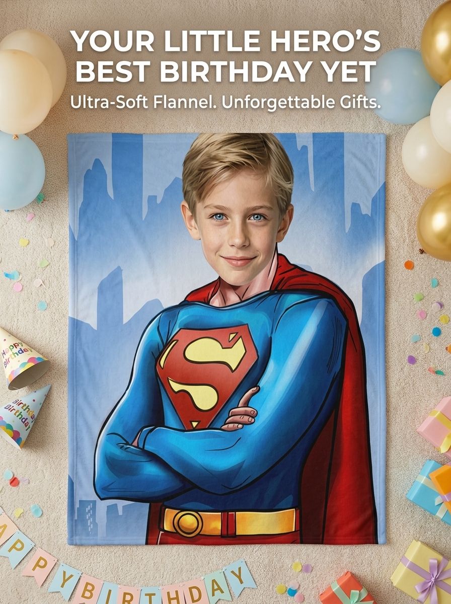 Custom Photo Superhero Flannel Fleece Blanket Personalized Face Portrait Throw for Kids Adults Cozy Home Decor Gift