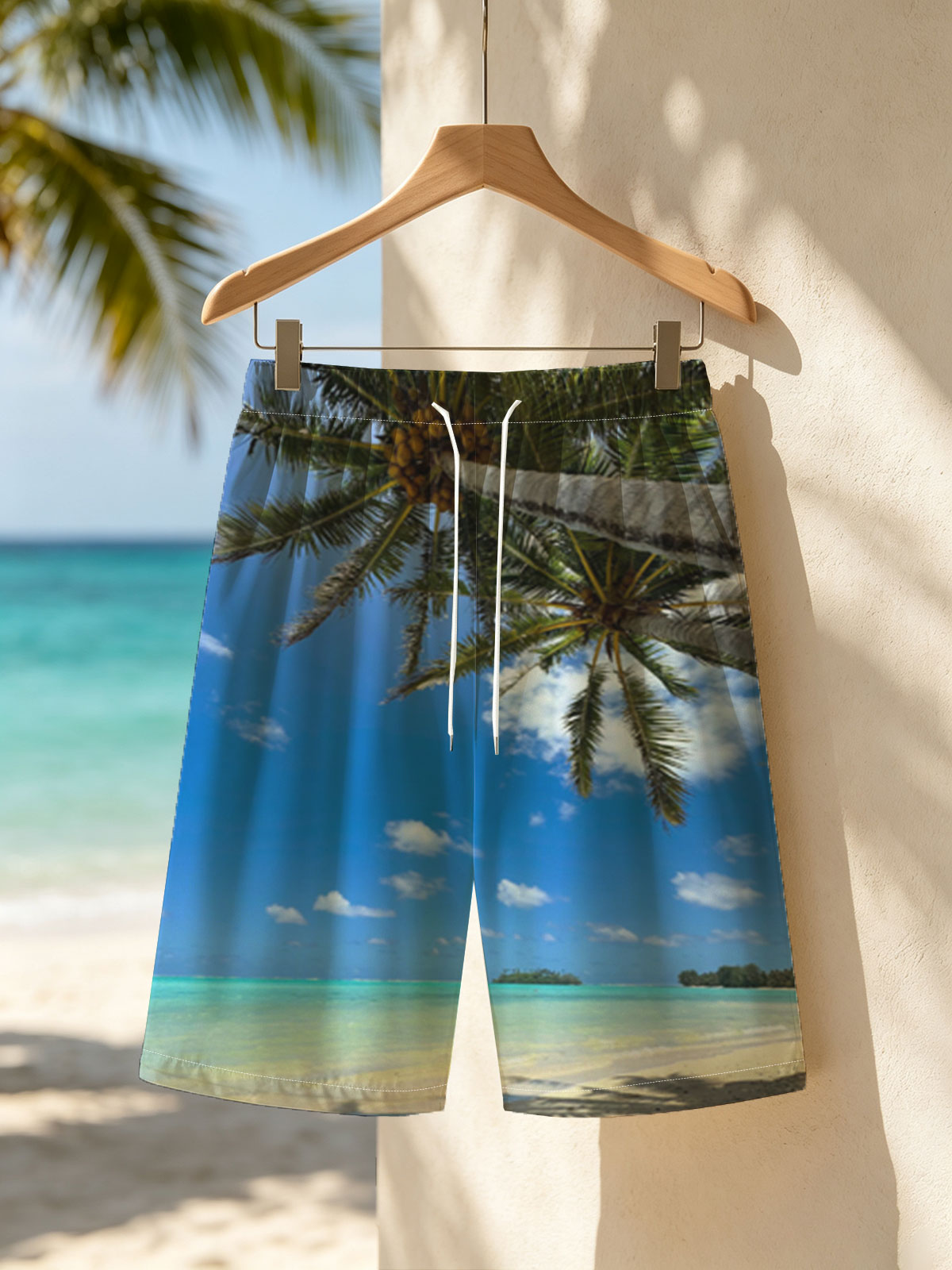 Tropical beach with palm trees and clear blue water -  Beach shorts