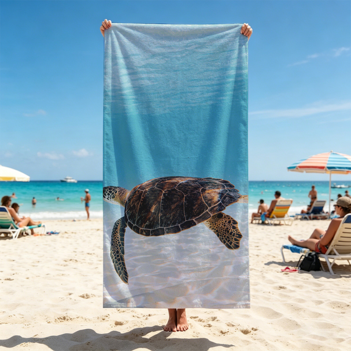 Sea Turtle Swimming in Clear Blue Water - Beach towels