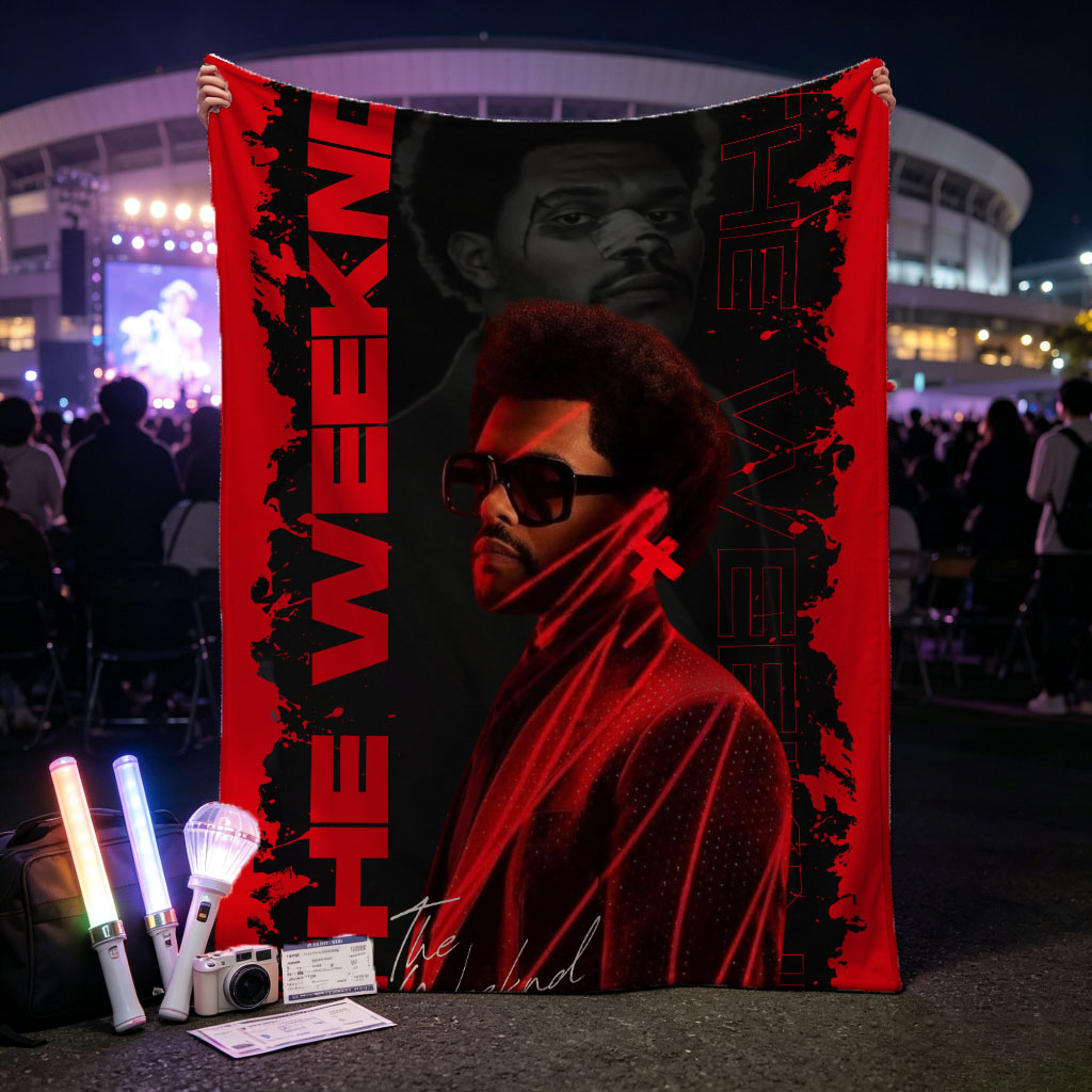 The Weeknd Dark Red Aesthetic Portrait with Bold Typography and Dramatic Lighting - Blankets