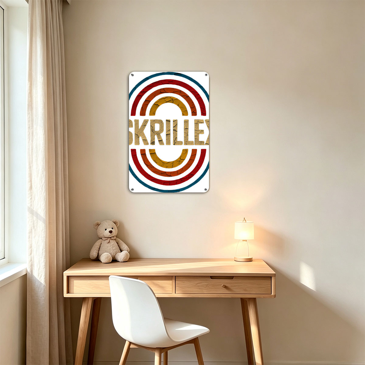 Skrillex Logo with Rainbow Rings and Cracked Texture Design - painting