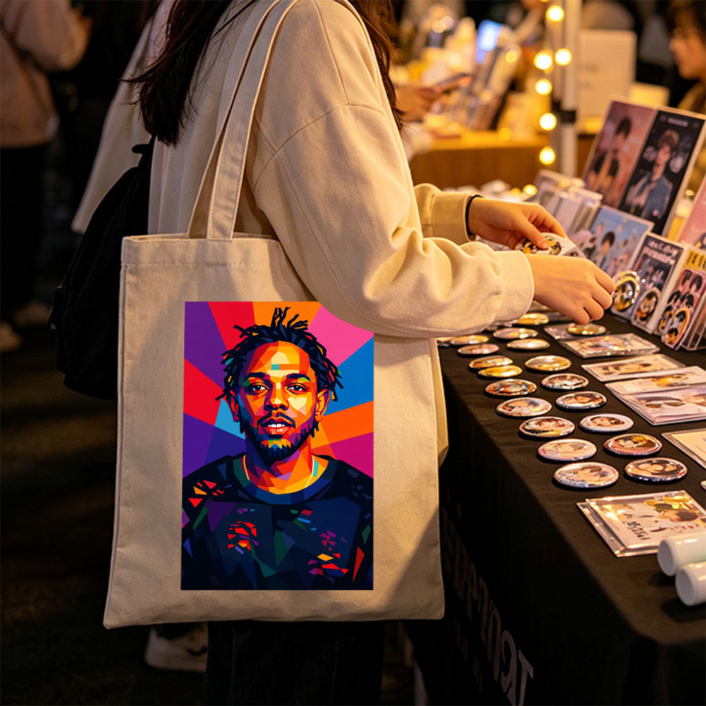 Kendrick Lamar Portrait in Vibrant Geometric Art Style with Colorful Radiant Background - Canvas tote bags