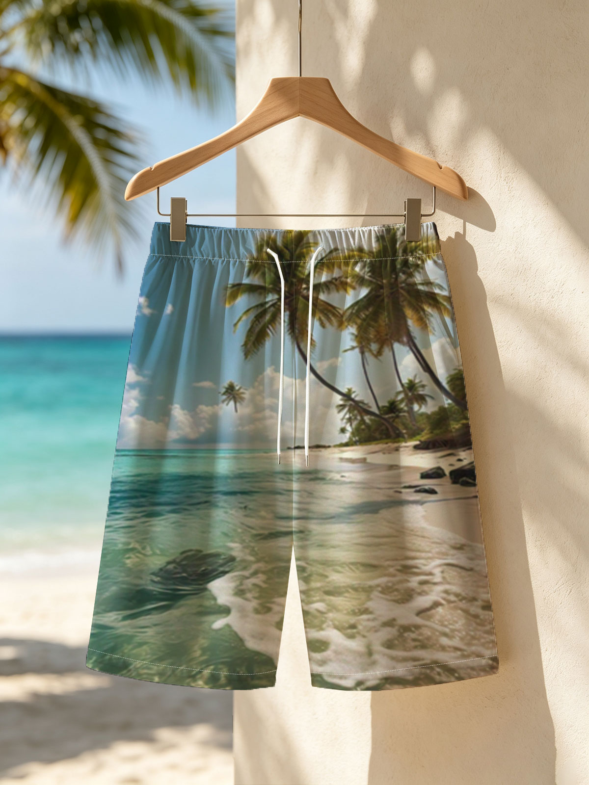Tropical Beach with Palm Trees and Crystal Clear Water -  Beach shorts