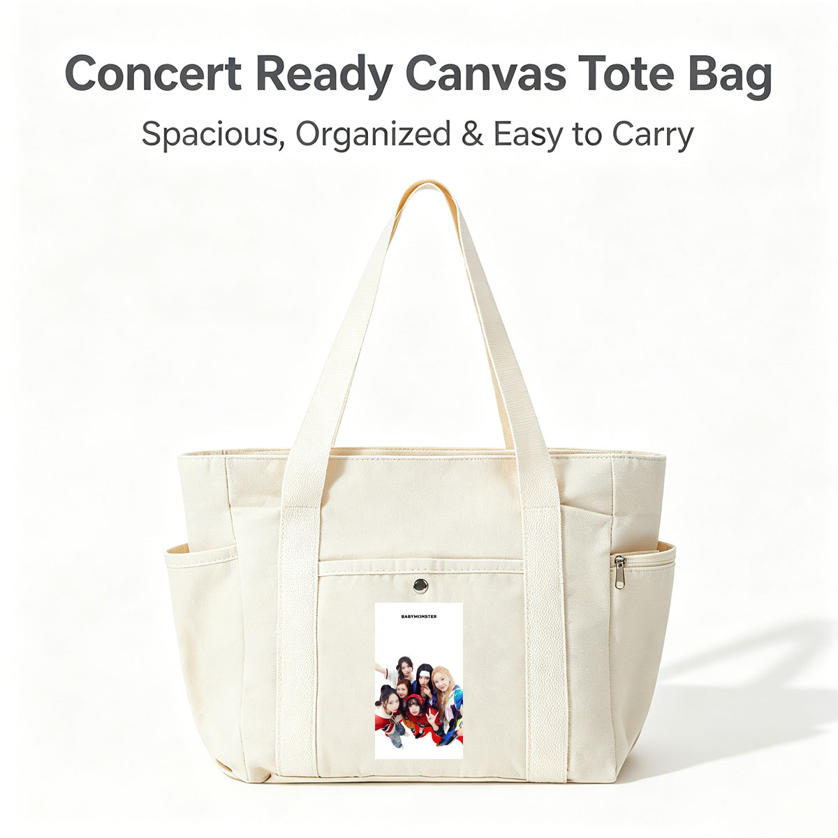 BABYMONSTER Group Photo - Five Members Posing Playfully in Colorful Outfits Against White Background - Multi-pocket bags