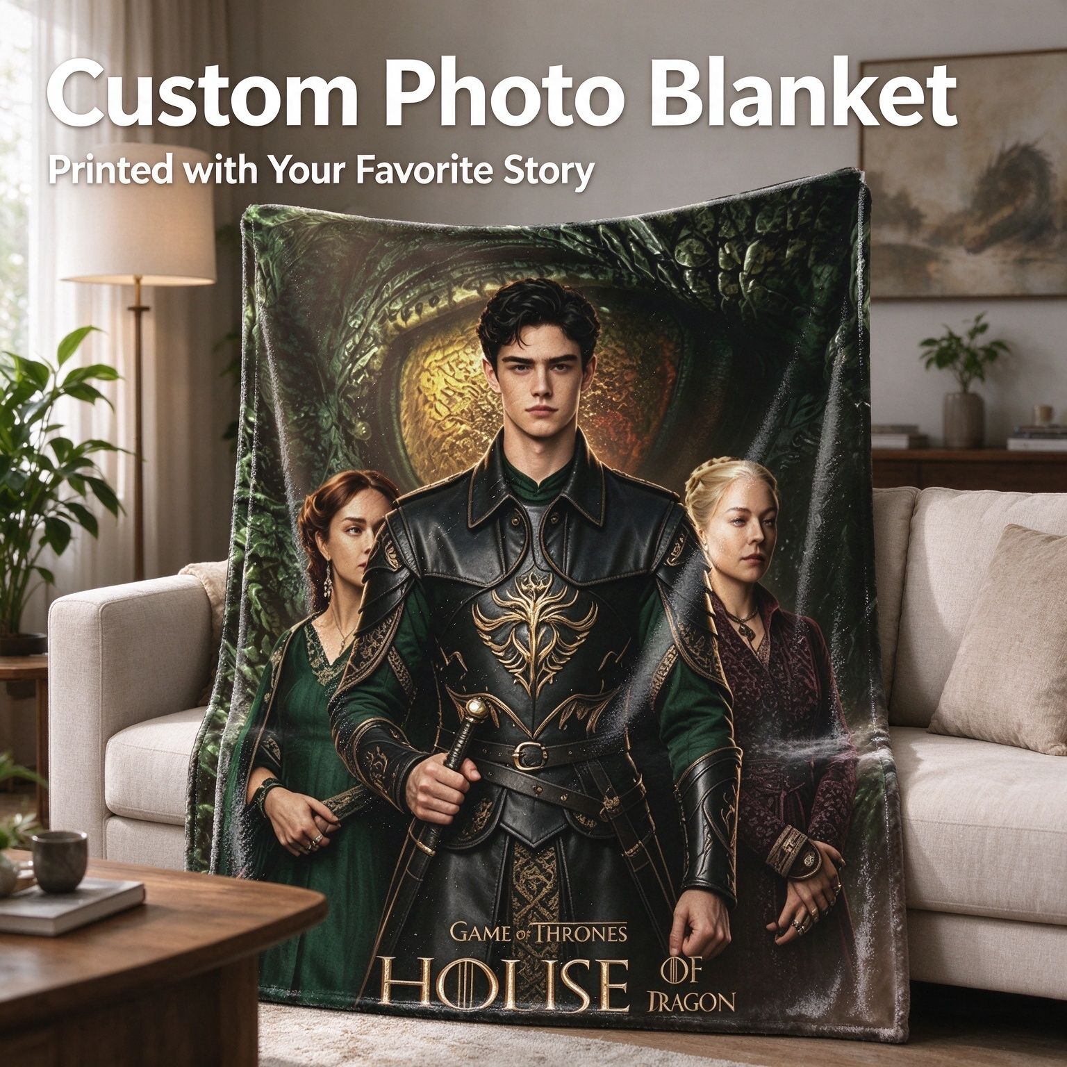 Custom Face Portrait Blanket Personalized Medieval Warrior Fantasy Flannel Throw Cozy Birthday Keepsake Gift for Fans