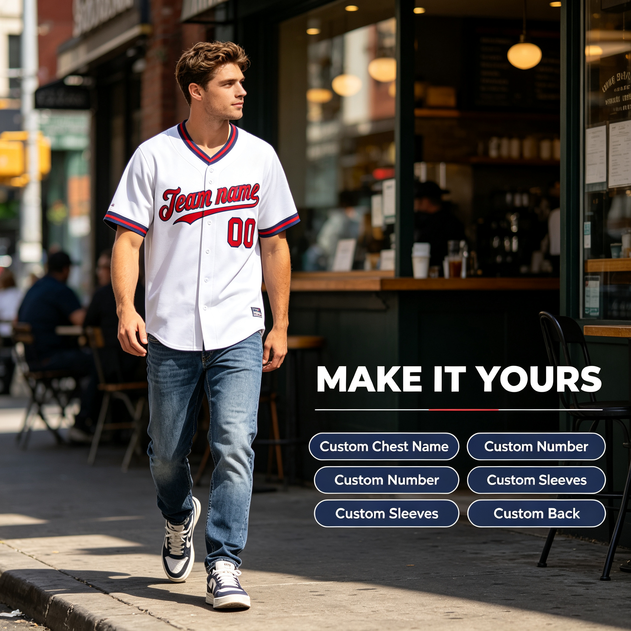 Custom Printed California Halo Style Baseball Jersey White Red Navy Ribbed V Neck Pullover Shirt for Men and Women