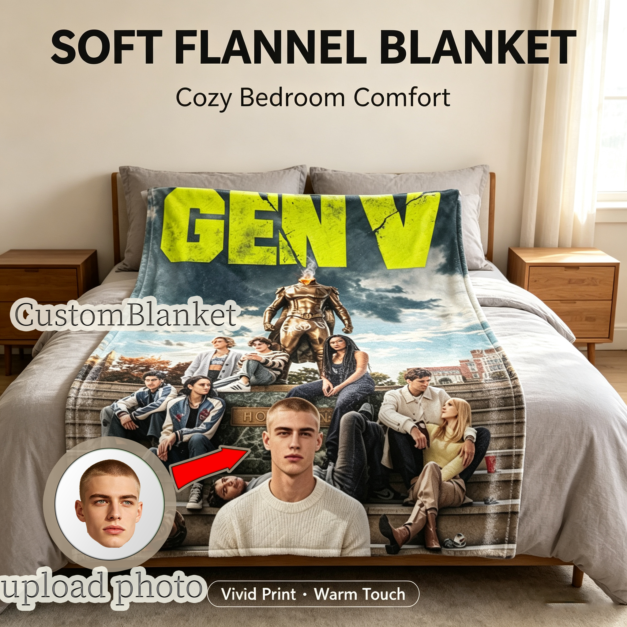 Custom Face Blanket Gen V Character Flannel Blanket Perfect for Fans of the Series Ideal Gift for Birthday or Holiday Giveaways