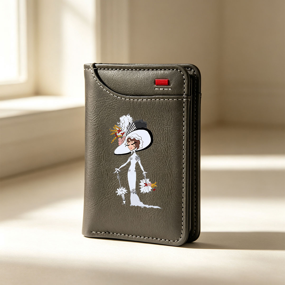 Lady in White Gown with Fancy Hat and Bouquet - Vertical Style Wallet