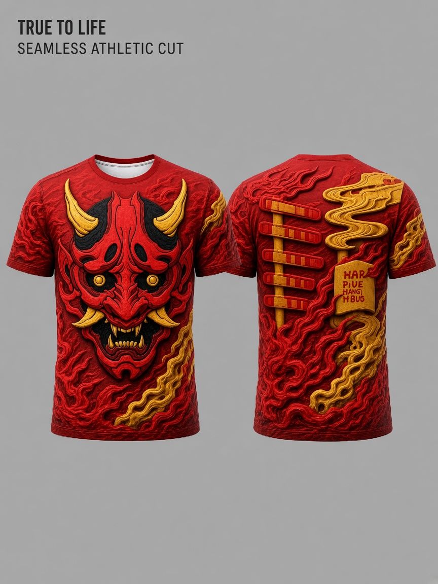 Japanese Oni Demon Mask 3D Optical Illusion Graphic Tee Breathable Athletic Mesh T-Shirt Casual Sports Wear