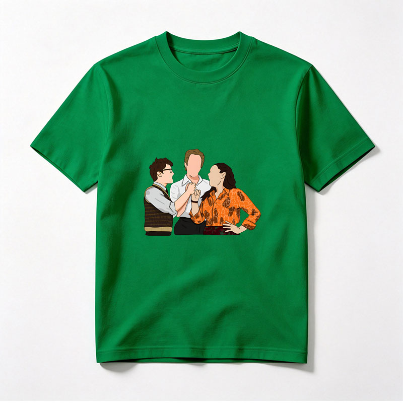 Three Characters in a Tense Interaction: Man in Vest, Central Figure, and Woman in Orange Shirt - Tee