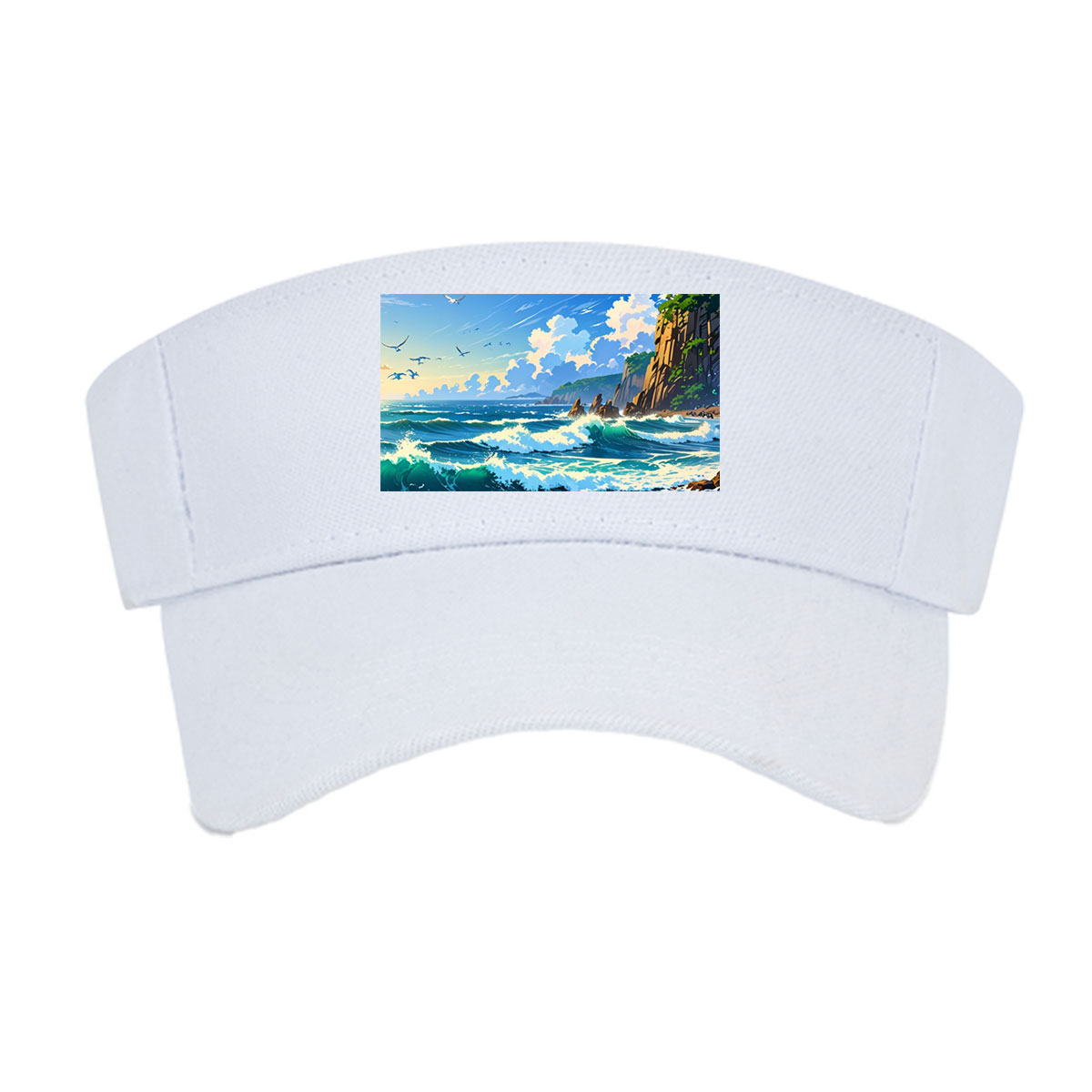 Ocean Waves Crashing Against Rocky Coastline Under Blue Sky -  Visor cap