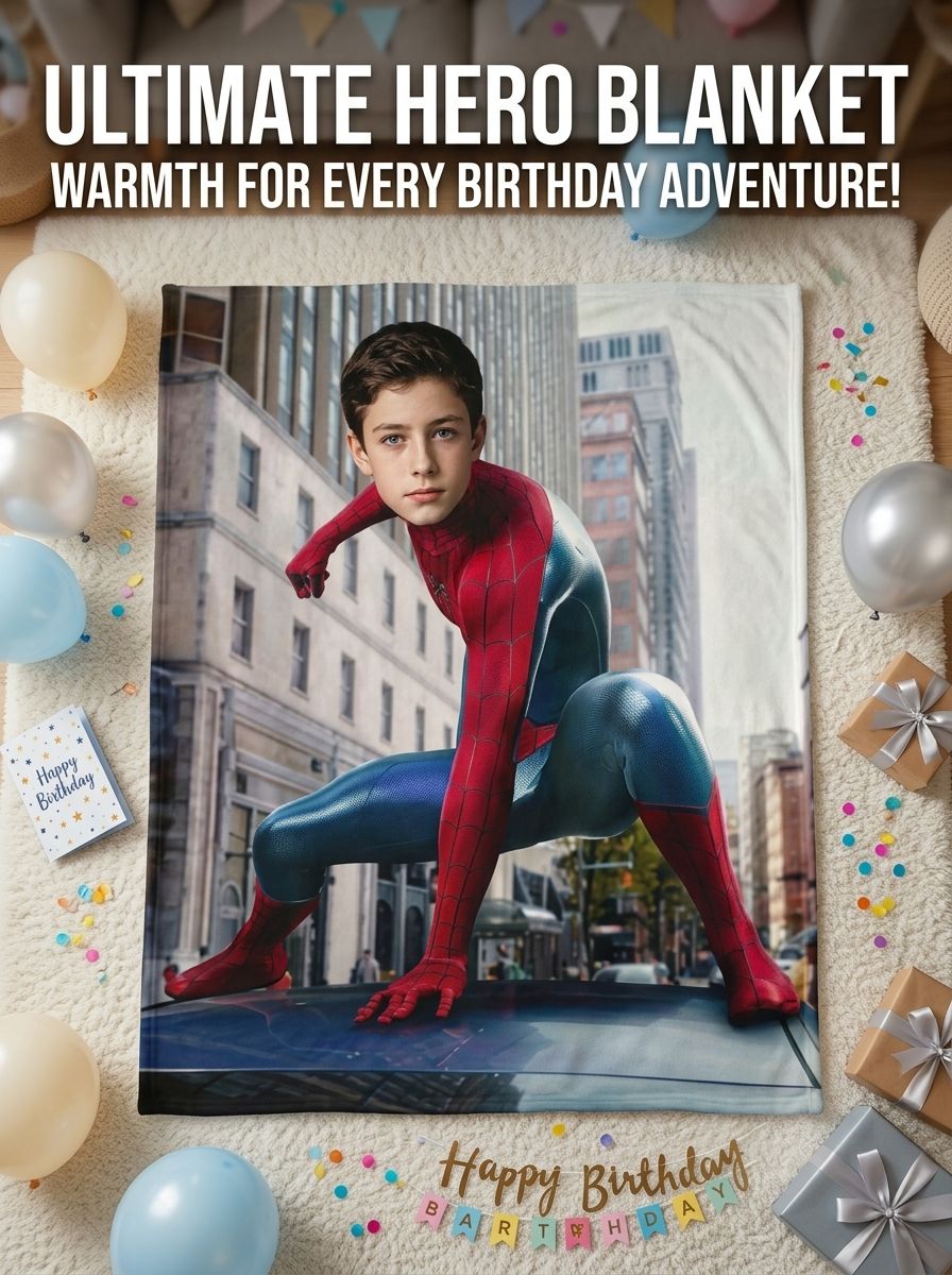 Custom Superhero Face Photo Blanket Personalized Flannel Fleece Throw for Kids and Adults Cozy Birthday Gift