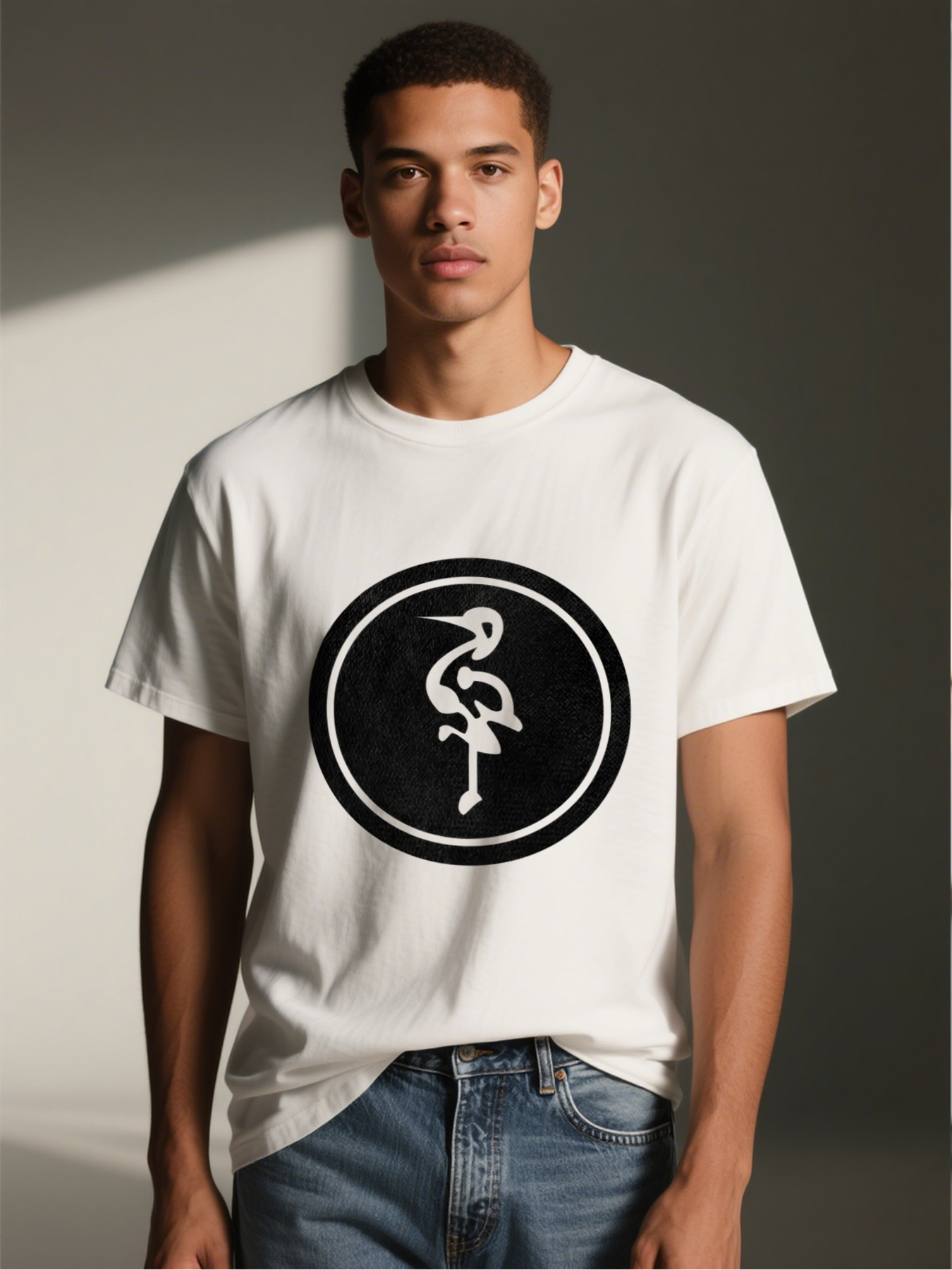Men's Printed T-Shirt with Minimalist Heron Bird Design in Oval Frame - Casual Round Neck Lightweight Breathable Summer Short Sleeve Tee for Outdoor Activities, Nature Lovers, and Urban Streetwear Enthusiasts