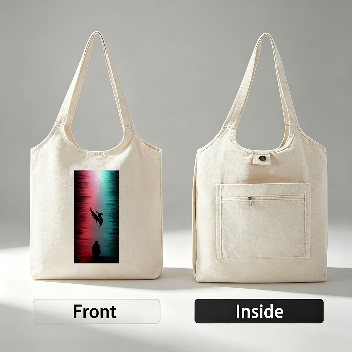 Linkin Park - Silhouette of a Man Standing Before a Winged Bird Symbol Against a Red and Blue Gradient Background - Canvas shoulder bags/