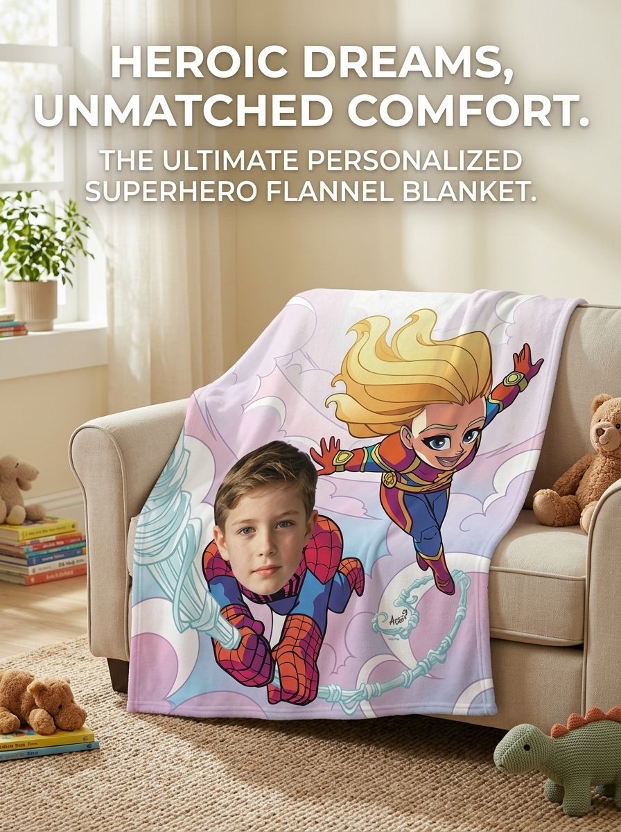Custom Face Superhero Flannel Blanket, Personalized Photo Soft Plush Fleece Throw for Kids Boys Girls Birthday Gift