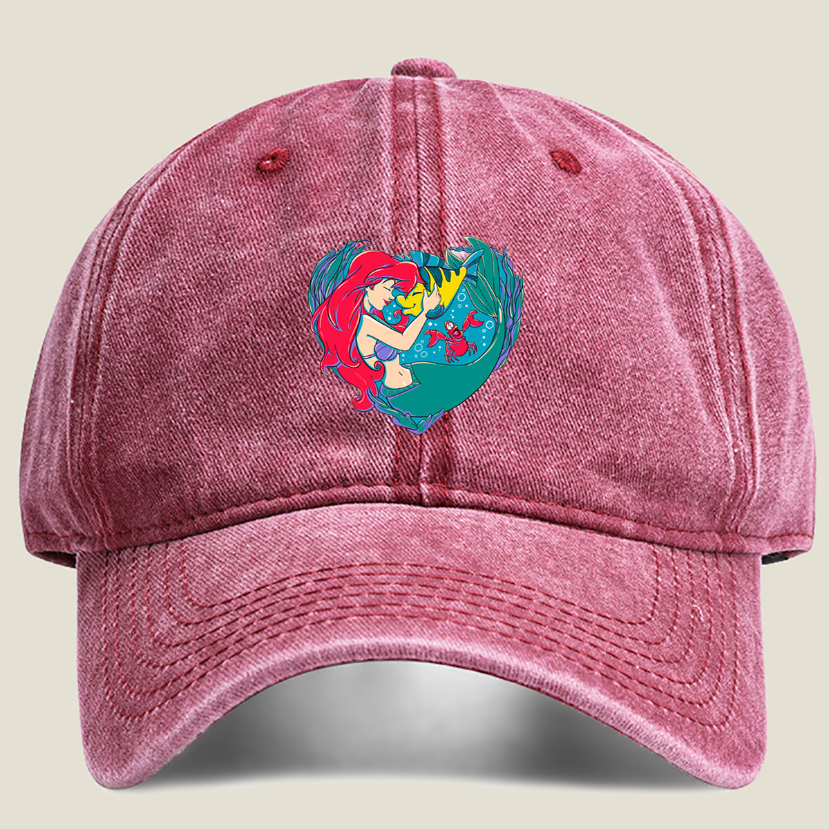 The Little Mermaid: Ariel and Flounder in a Heart Frame - Washed Denim - Baseball Cap