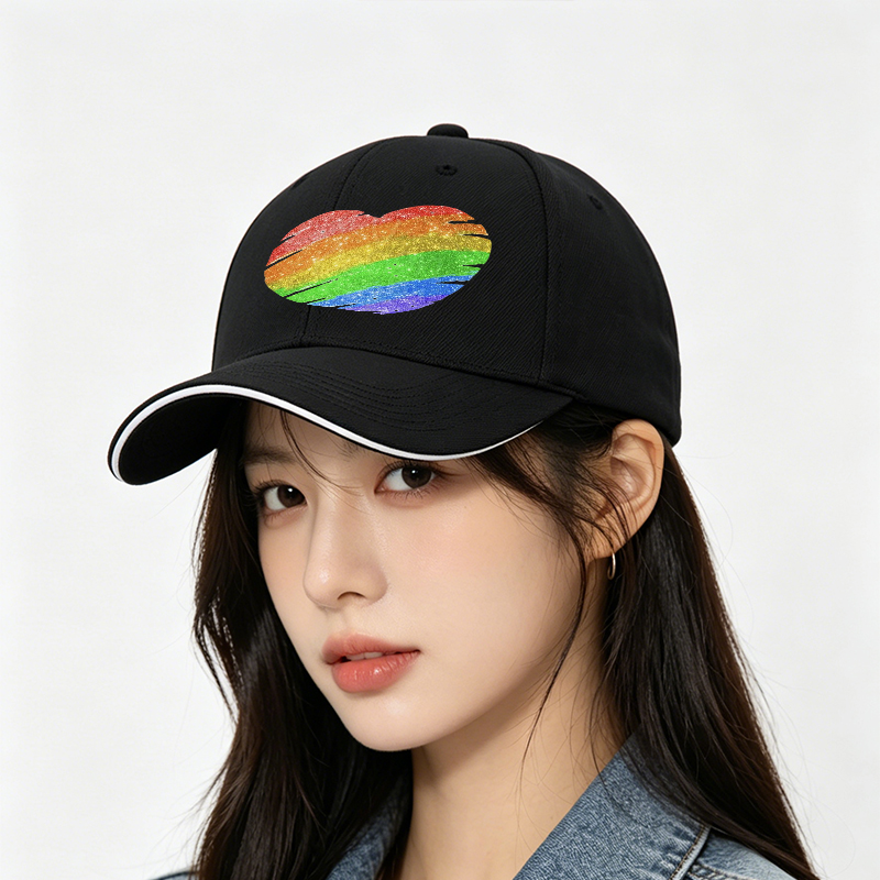 Unisex Classic Sandwich Hat with Rainbow Glitter Heart Print - Perfect for Pride Events, Outdoor Activities, and Casual Wear - Ideal for Adults Seeking Expressive Fashion Statement