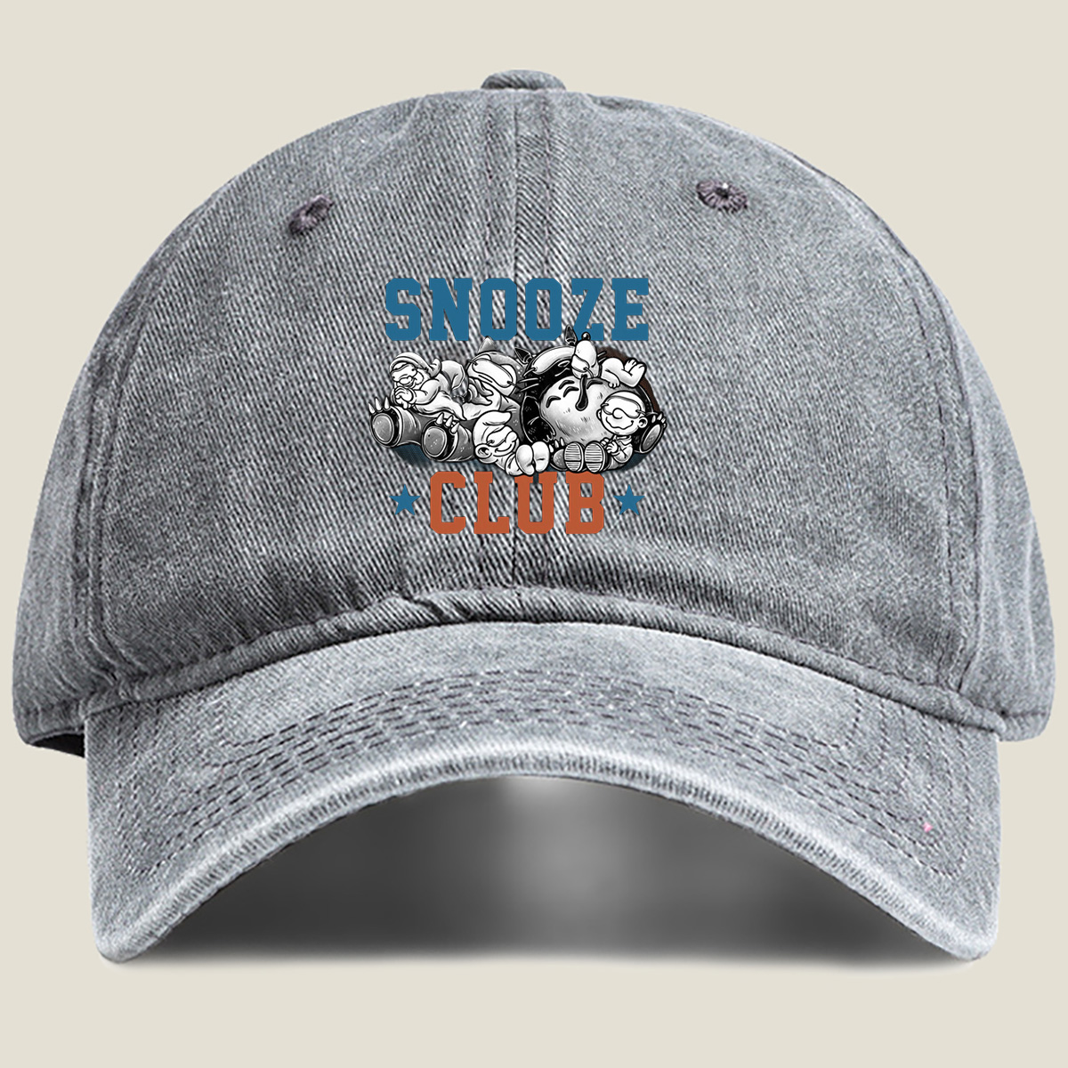 Snooze Club: Mickey, Minnie, Donald, Goofy, and Pluto Sleeping Together - Washed Denim - Baseball Cap