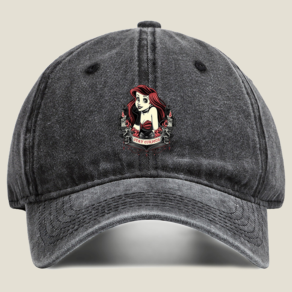 Ariel Stay Curious Gothic Design - Washed Denim - Baseball Cap