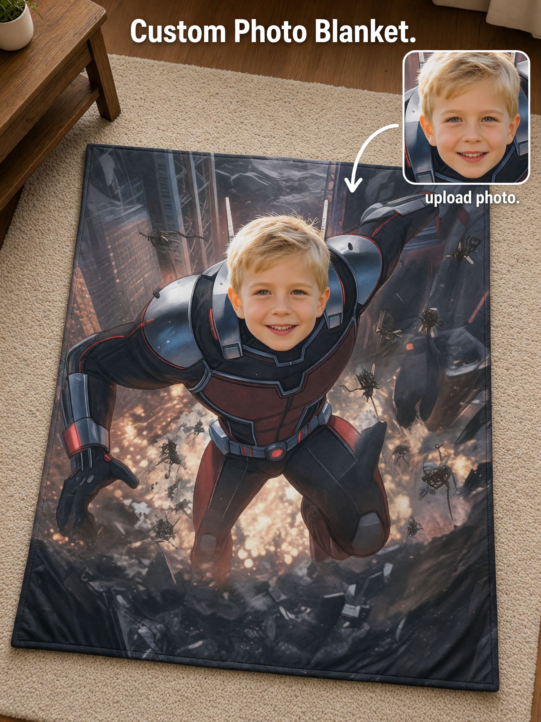Custom Face Superhero Photo Flannel Fleece Throw Blanket Personalized Photo Gift for Kids Boys Cozy Plush Bed Couch Wrap