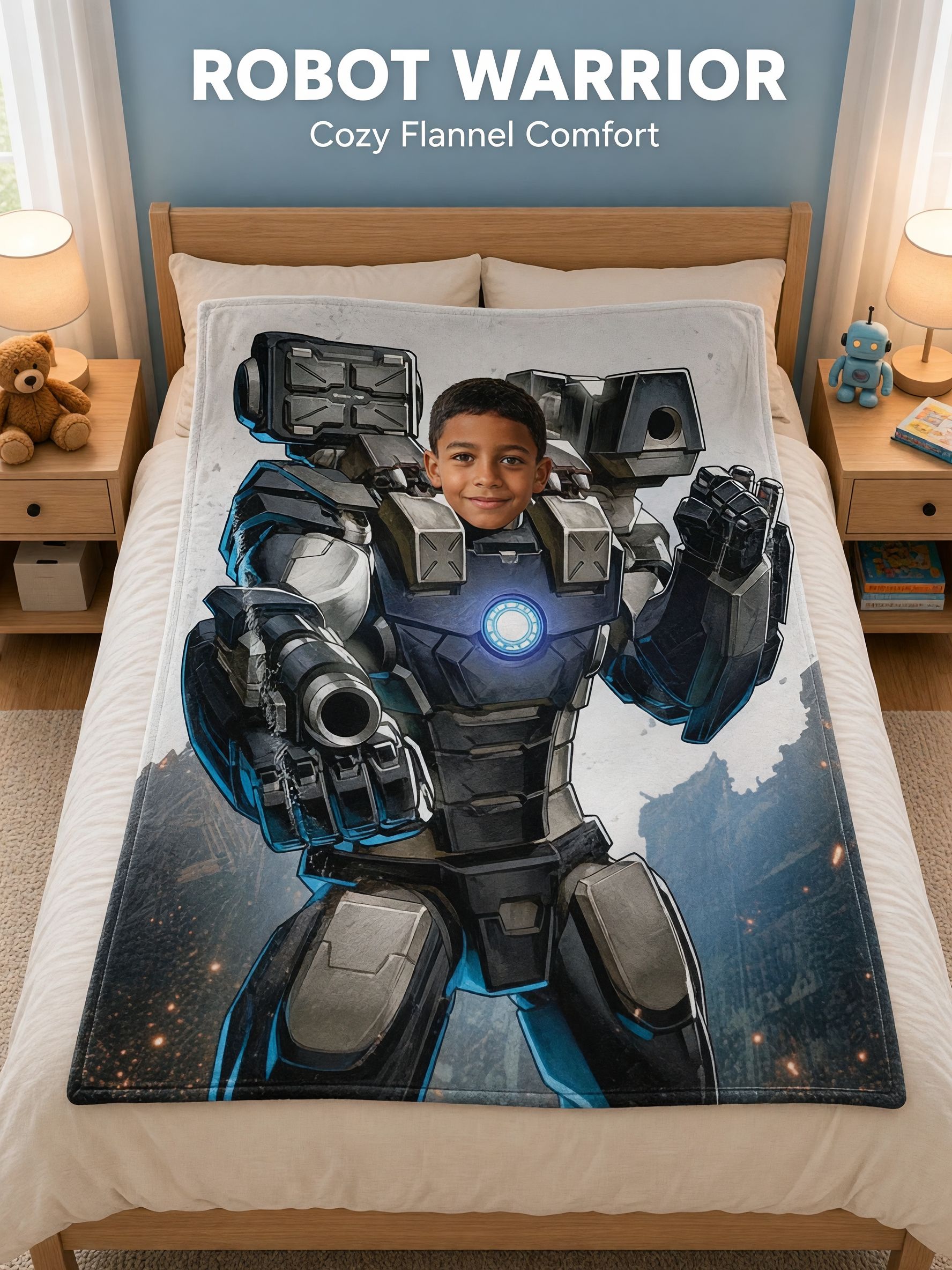 Personalized Photo Face Mech Armor Flannel Blanket Custom Superhero Throw Lightweight Ultra Soft Cozy Bed Couch Gift