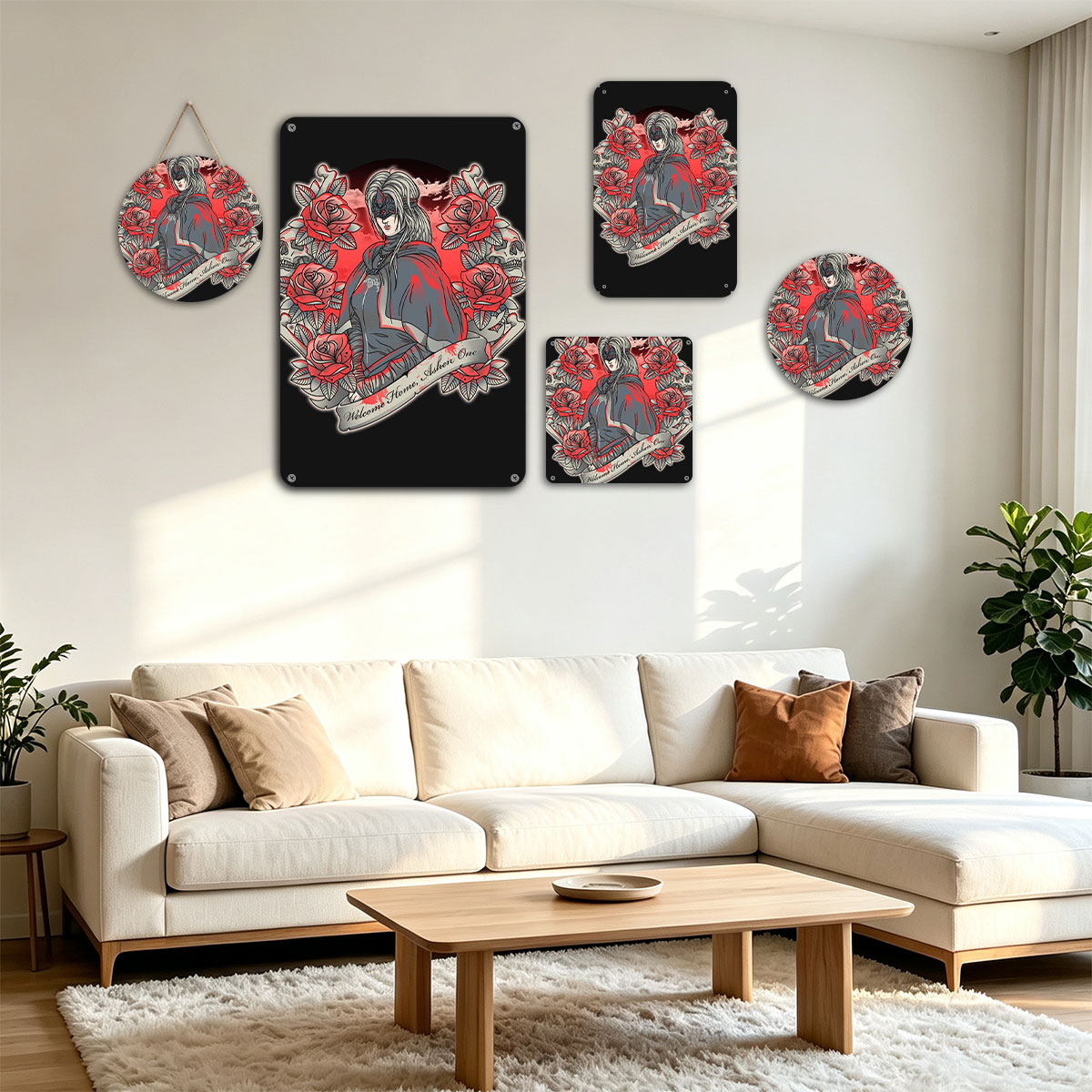 Welcome Home, Ashen One: A Mysterious Figure in a Red and Gray Cloak Surrounded by Roses and Skulls - painting