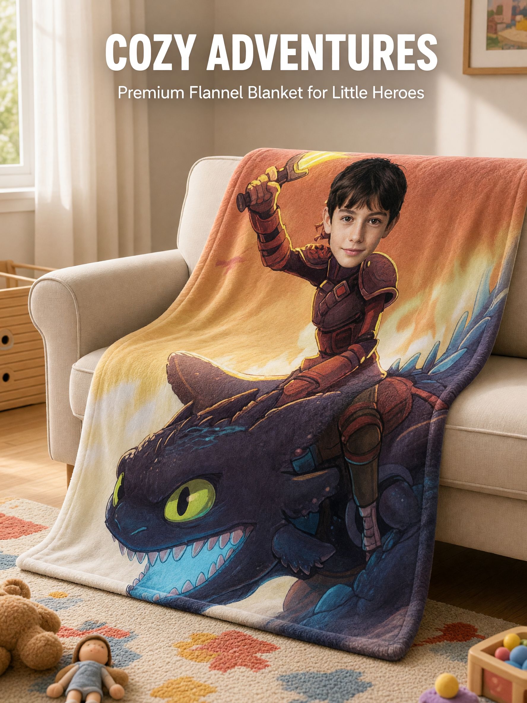 Custom Photo Dragon Rider Flannel Blanket Personalized Face Cutout Cozy Fleece Throw for Kids Boys and Fantasy Lovers