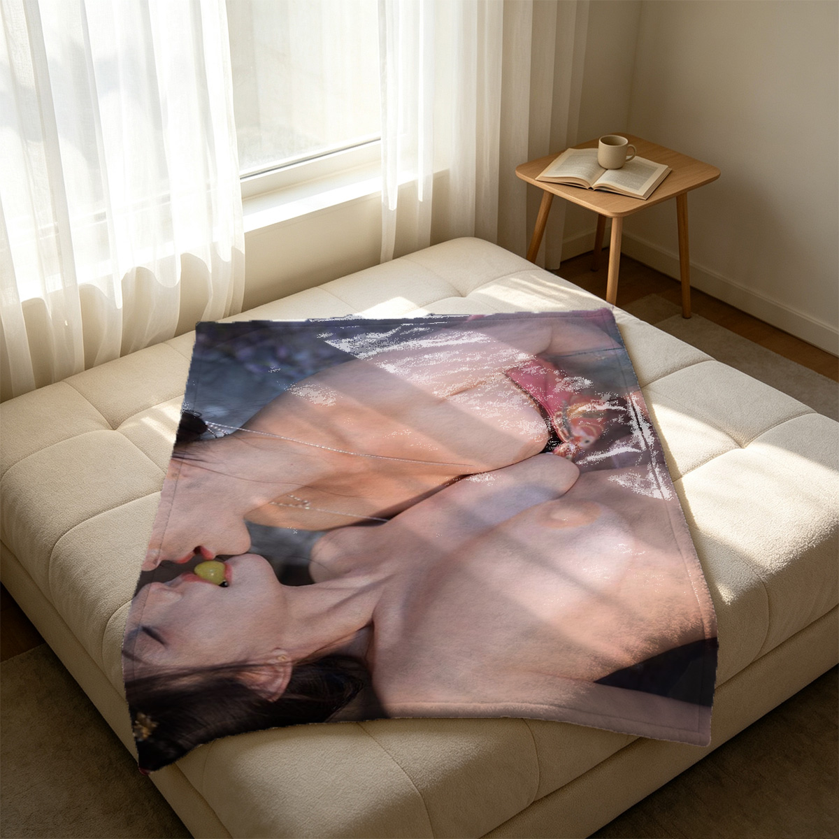 Nude redhead lying on white bed smiling over shoulder - Blanket