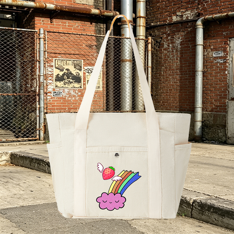 Multi Pocket Bag Cream White with Rainbow Cloud and Winged Strawberry Print | Versatile Everyday Organizer for Women, Teens, and Students | Perfect for School, Work, Travel, and Daily Use