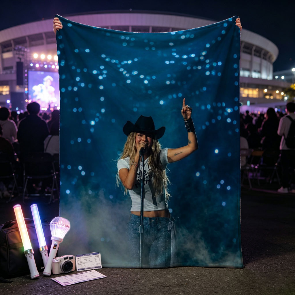 Miranda Lambert on Stage Performing with a Microphone and Cowboy Hat Under Blue Lights - Blankets