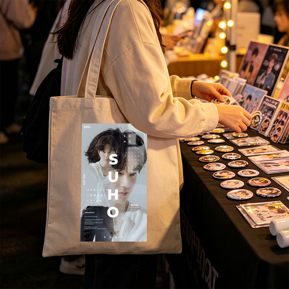 EXO Suho in a Minimalist Portrait with Overlaid Text and Soft Lighting - Canvas tote bags