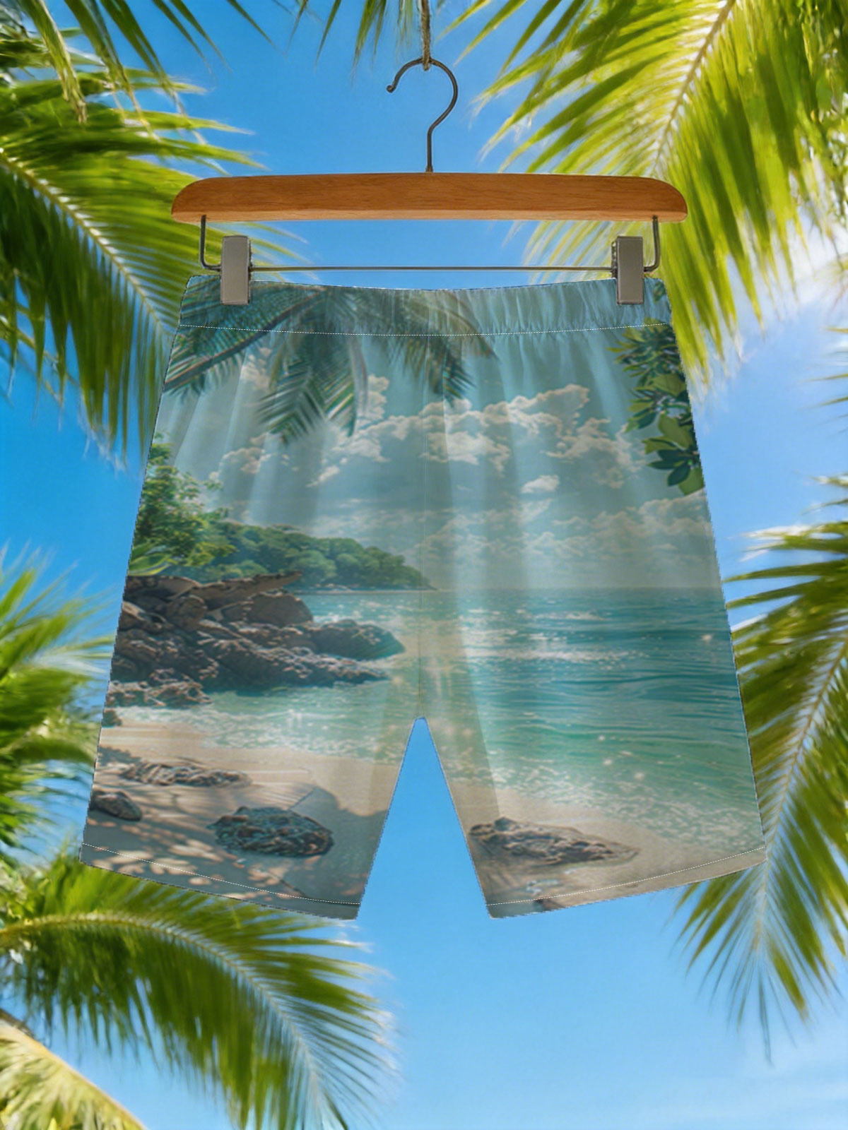 Tropical Beach with Palm Trees and Crystal Clear Water -  Beach shorts
