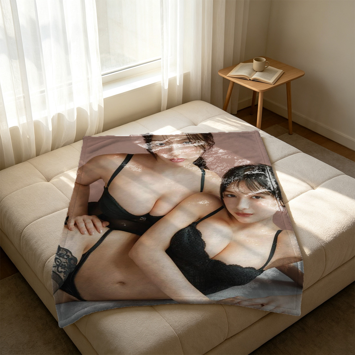A woman in a red patterned bikini posing seductively on a luxury balcony at night. - Blanket