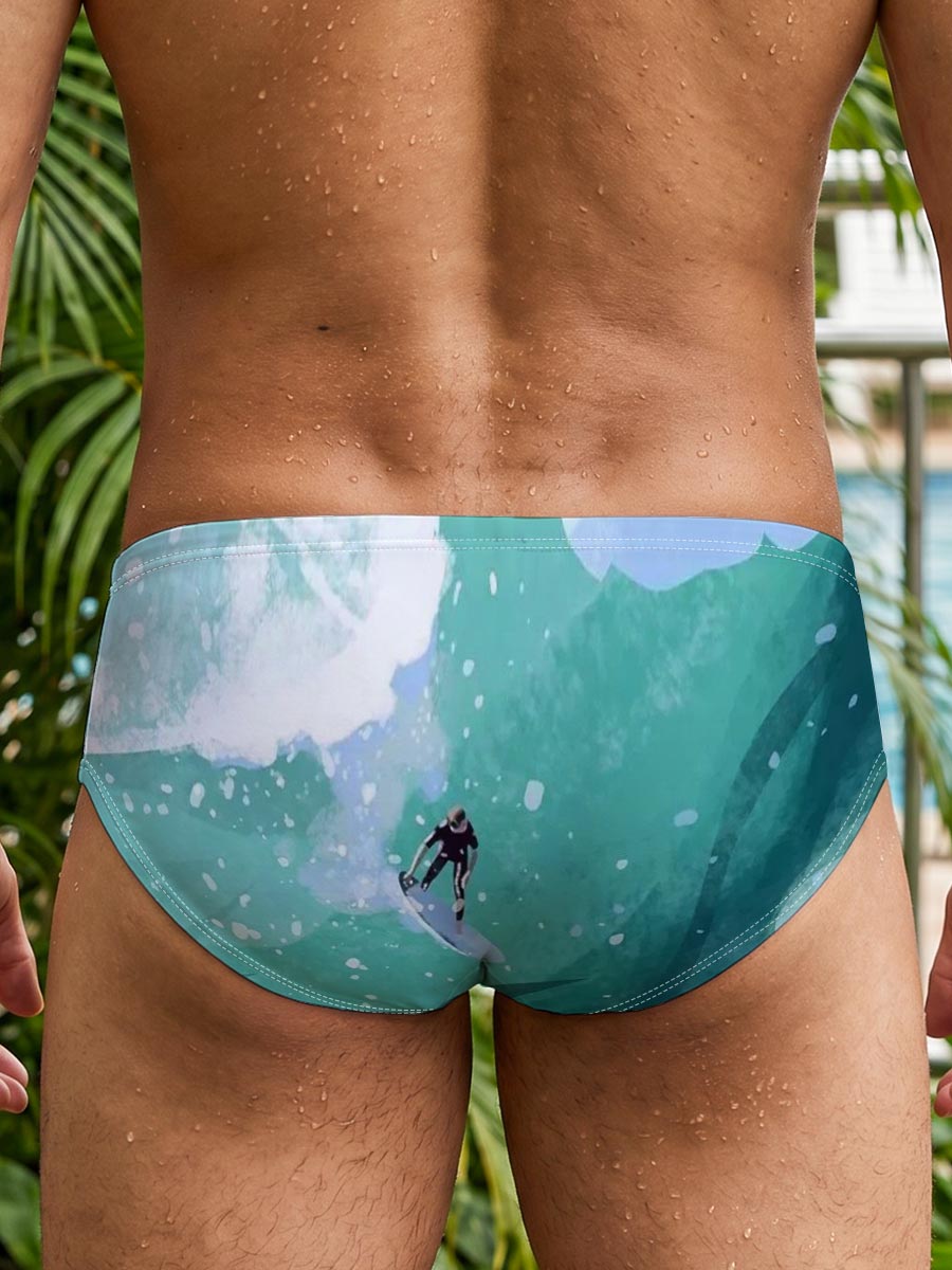 Surfer riding a massive wave in vibrant ocean waters -  Men's swim trunks