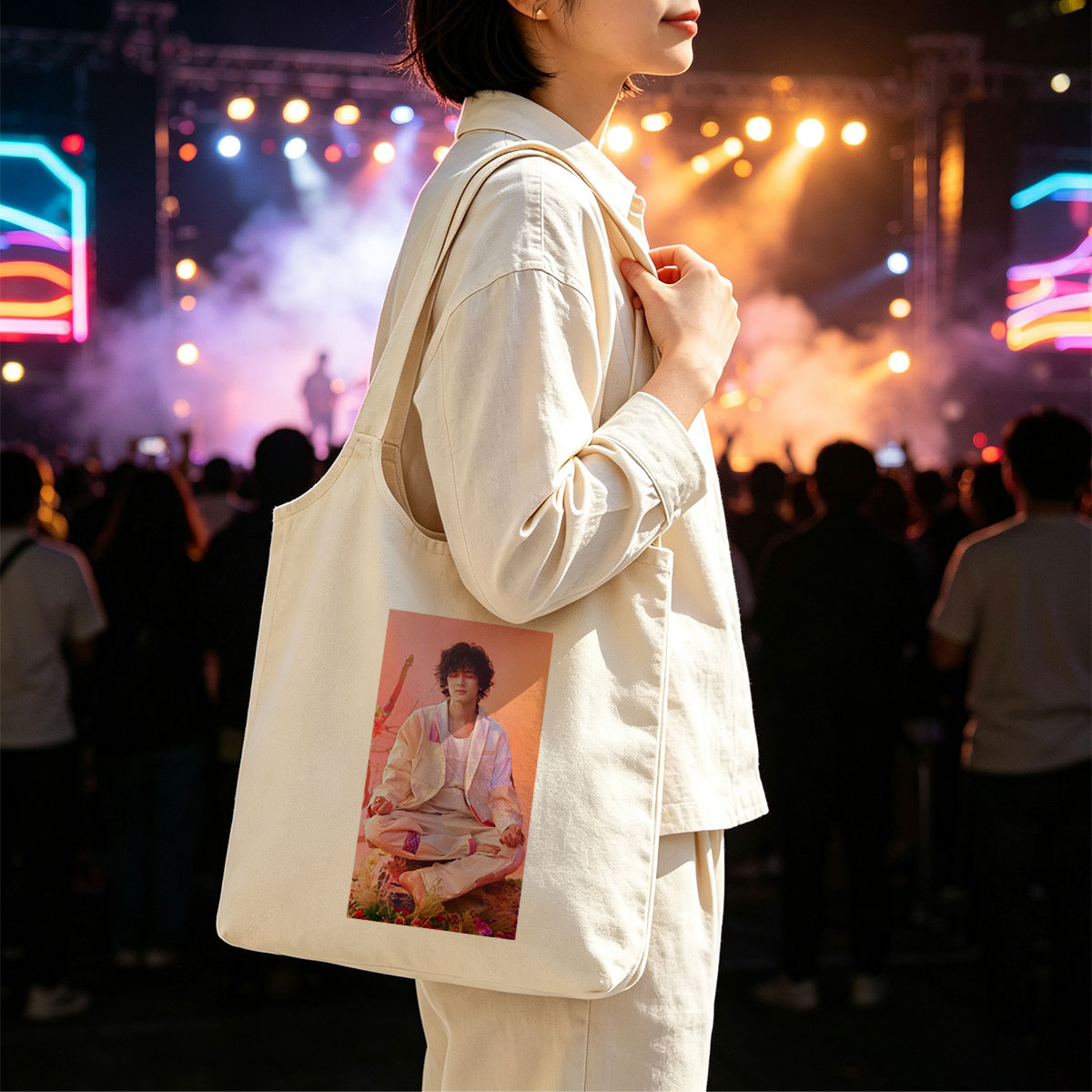 Takuya Kimura Meditating in a Serene Floral Garden with Soft Pink and Orange Background - Canvas shoulder bags/