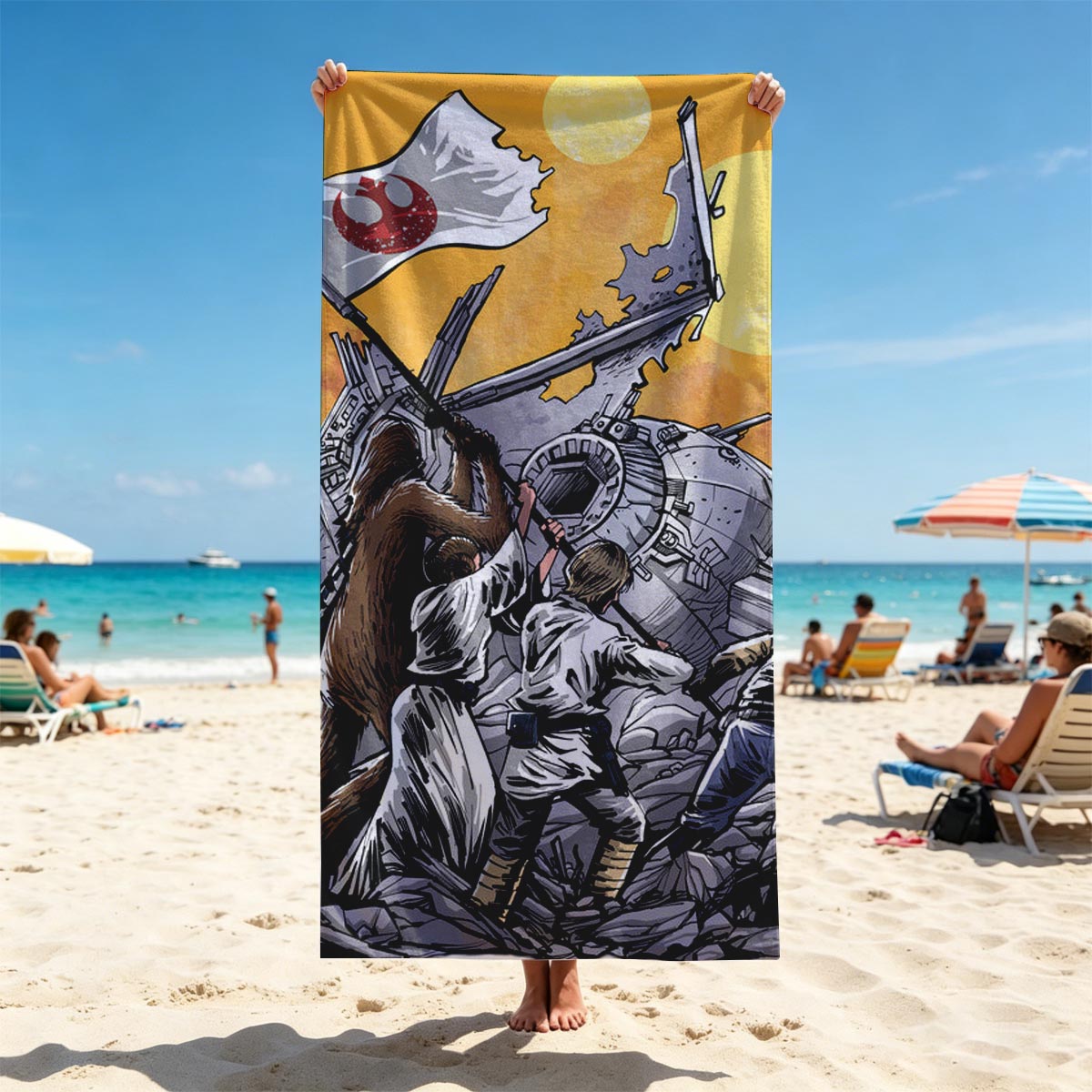 Rebel Alliance: Chewbacca, Luke Skywalker, Han Solo, and Princess Leia Rally Around the Millennium Falcon Amidst a Desert Battle Scene - Beach towels