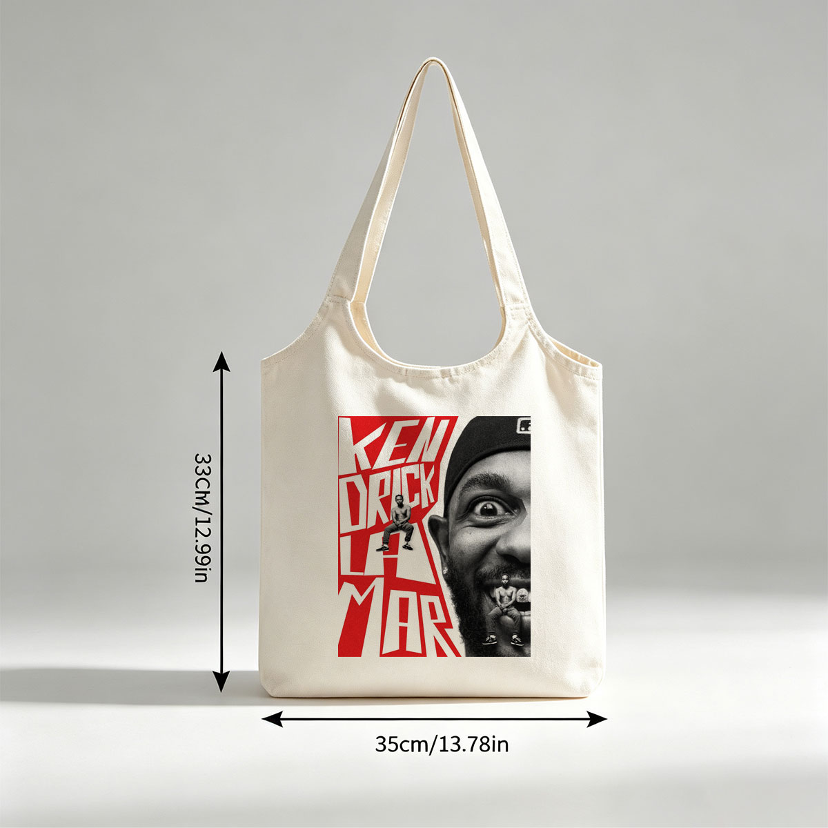 Ken Duck La Mar - Bold Red Text and Black-and-White Portrait with Miniature Figures on Face and Lettering - Canvas shoulder bags/