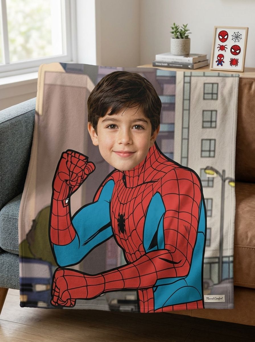 Custom Photo Face Blanket Superhero Flannel Throw Personalized Comic Portrait Fleece Bedding Gift for Kids and Family