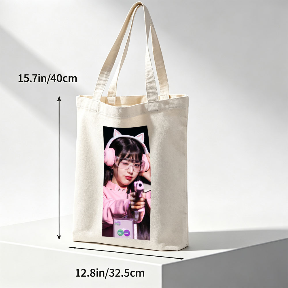 Miu Miu in Pink Cat Ear Headphones Holding a Toy Gun with Clear Glasses and Playful Expression - Canvas tote bags