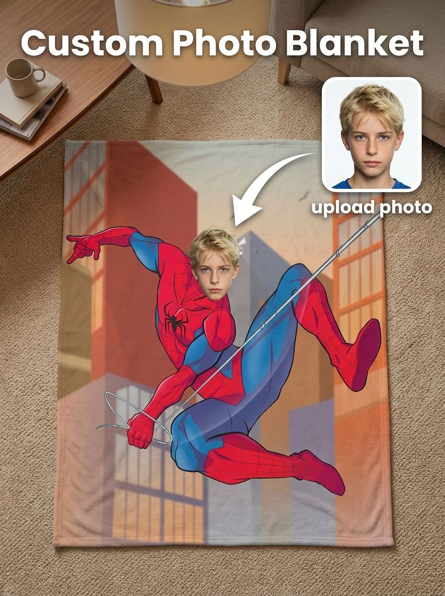 Custom Superhero Face Photo Blanket Soft Flannel Fleece Throw Lightweight Bedding Personalized Gift for Kids Adults
